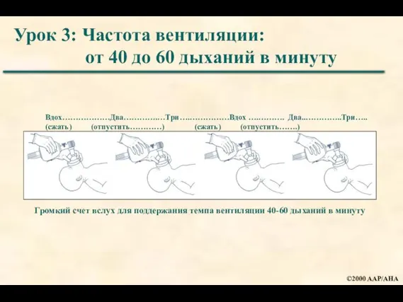 Громкий счет вслух для поддержания темпа вентиляции 40-60 дыханий в минуту Вдох………………Два………….…Три….……………Вдох