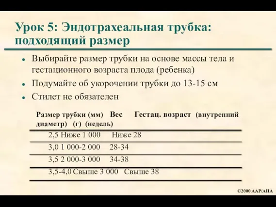 Урок 5: Эндотрахеальная трубка: подходящий размер Выбирайте размер трубки на основе массы