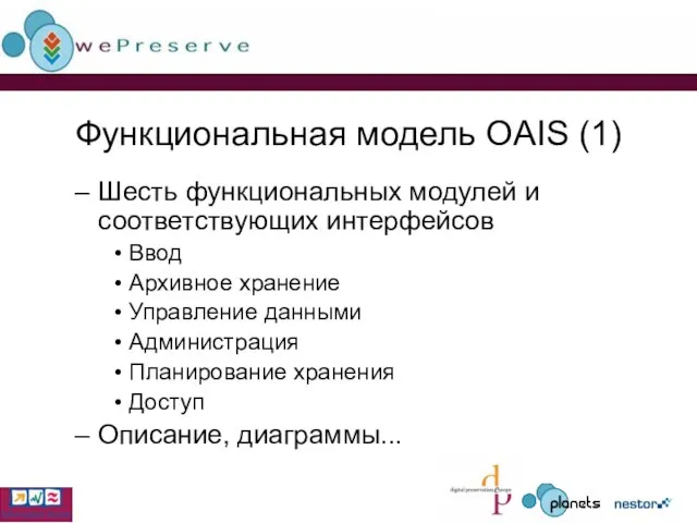 Функциональная модель OAIS (1) Шесть функциональных модулей и соответствующих интерфейсов Ввод Архивное