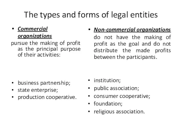 The types and forms of legal entities Commercial organizations pursue the making