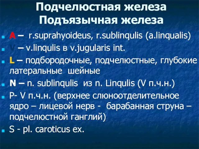 Подчелюстная железа Подъязычная железа A – r.suprahyoideus, r.sublinqulis (a.linqualis) V – v.linqulis