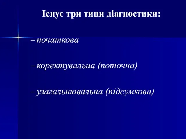 Існує три типи діагностики: початкова коректувальна (поточна) узагальнювальна (підсумкова)