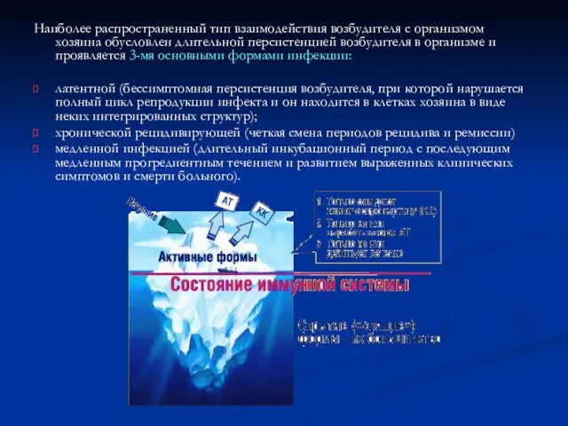 Наиболее распространенный тип взаимодействия возбудителя с организмом хозяина обусловлен длительной персистенцией возбудителя