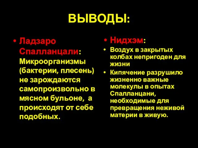 ВЫВОДЫ: Ладзаро Спалланцали: Микроорганизмы (бактерии, плесень) не зарождаются самопроизвольно в мясном бульоне,