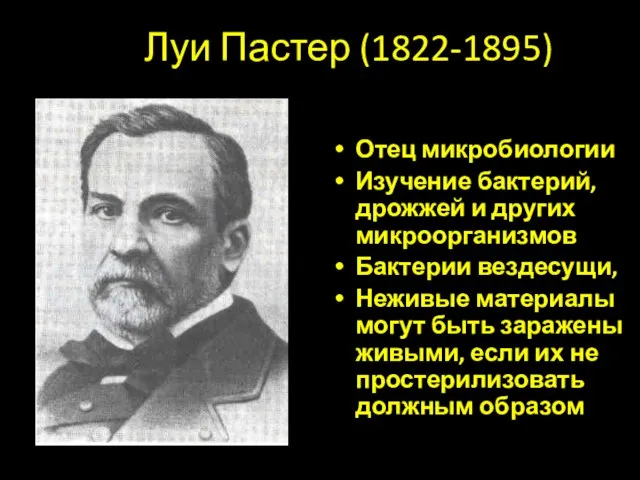 Луи Пастер (1822-1895) Отец микробиологии Изучение бактерий, дрожжей и других микроорганизмов Бактерии