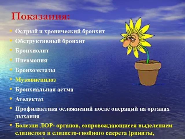 Показания: Острый и хронический бронхит Обструктивный бронхит Бронхиолит Пневмония Бронхоэктазы Муковисцидоз Бронхиальная