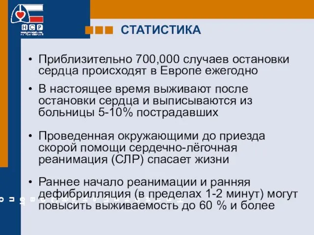 СТАТИСТИКА Приблизительно 700,000 случаев остановки сердца происходят в Европе ежегодно В настоящее