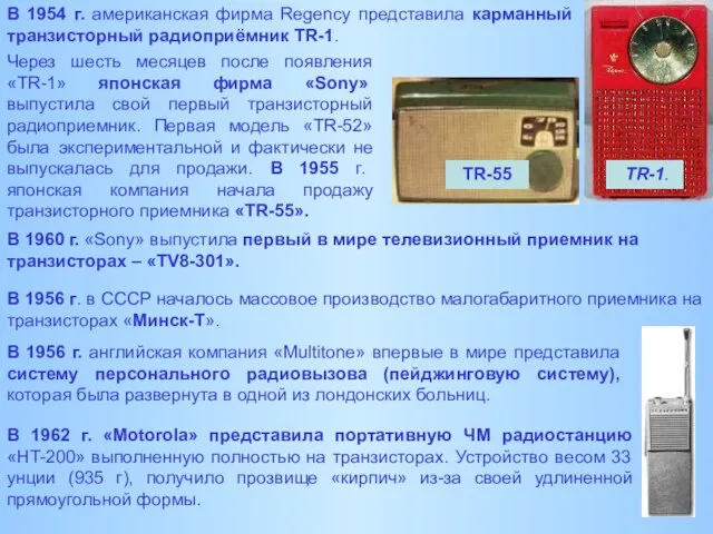 В 1954 г. американская фирма Regency представила карманный транзисторный радиоприёмник TR-1. TR-1.