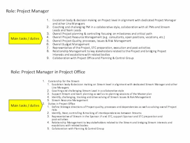 Role: Project Manager Main tasks / duties Escalation body & decision making