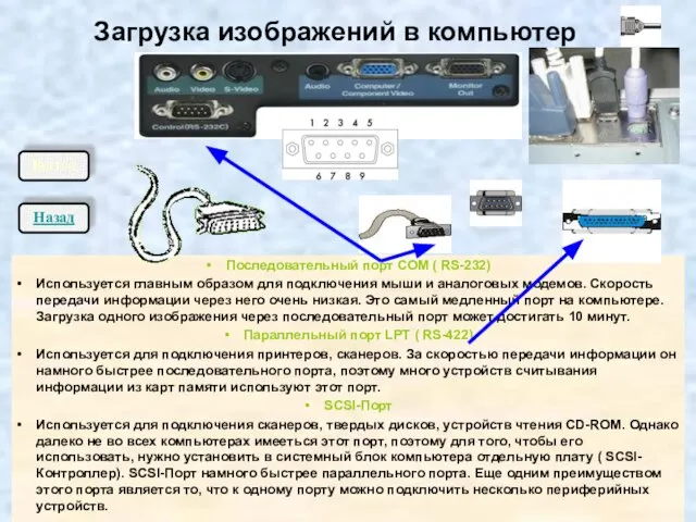 Последовательный порт СОМ ( RS-232) Используется главным образом для подключения мыши и