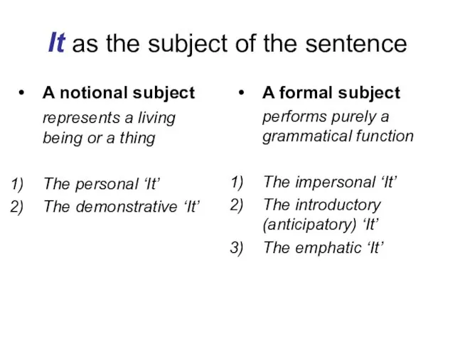 It as the subject of the sentence A notional subject represents a