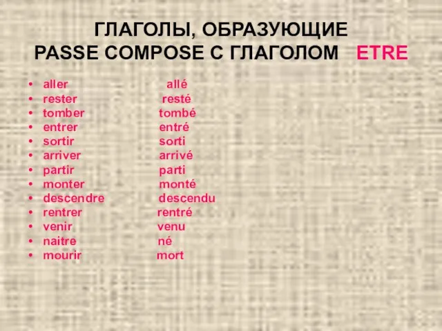 ГЛАГОЛЫ, ОБРАЗУЮЩИЕ PASSE COMPOSE С ГЛАГОЛОМ ETRE aller allé rester resté tomber