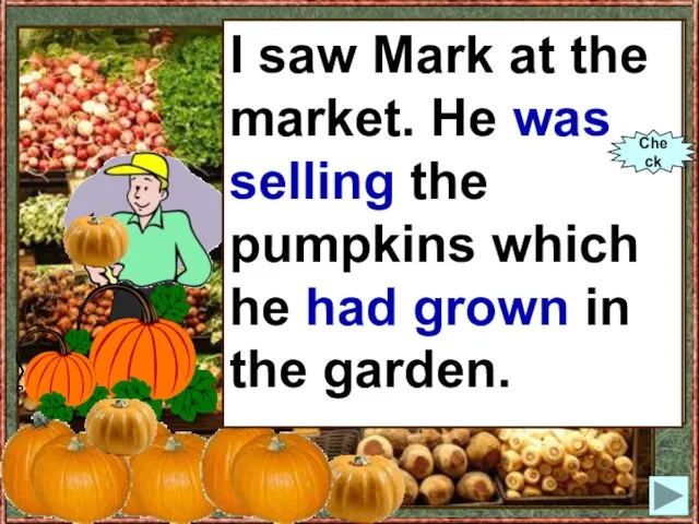 I saw Mark at the market. He (to sell) the pumpkins which