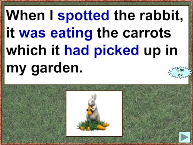 When I (to spot) the rabbit, it (to eat) the carrots which