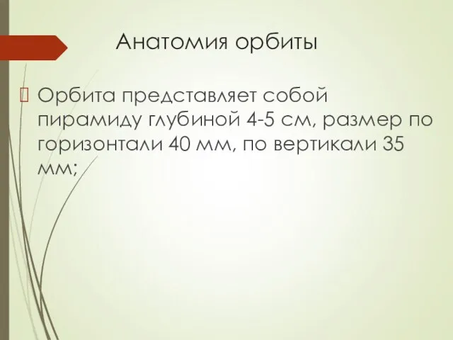 Анатомия орбиты Орбита представляет собой пирамиду глубиной 4-5 см, размер по горизонтали