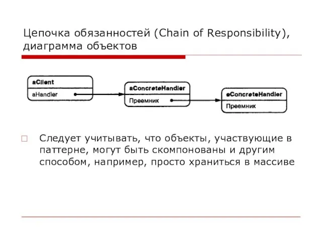 Цепочка обязанностей (Chain of Responsibility), диаграмма объектов Следует учитывать, что объекты, участвующие