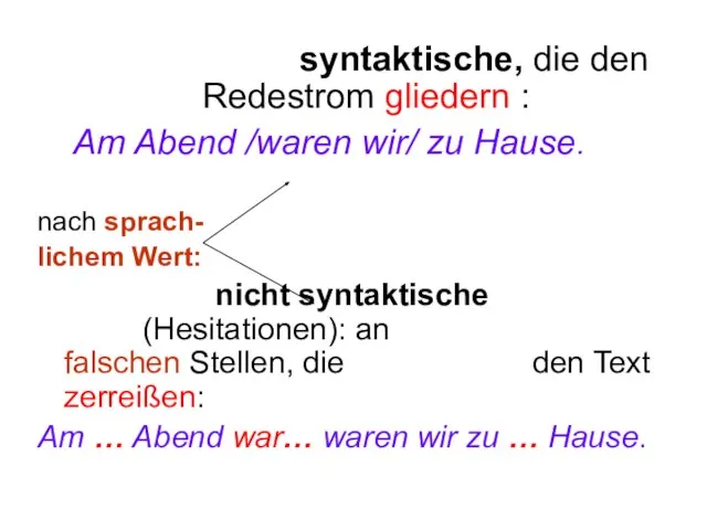 syntaktische, die den Redestrom gliedern : Am Abend /waren wir/ zu Hause.