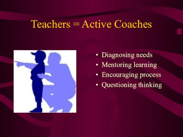 Teachers = Active Coaches Diagnosing needs Mentoring learning Encouraging process Questioning thinking