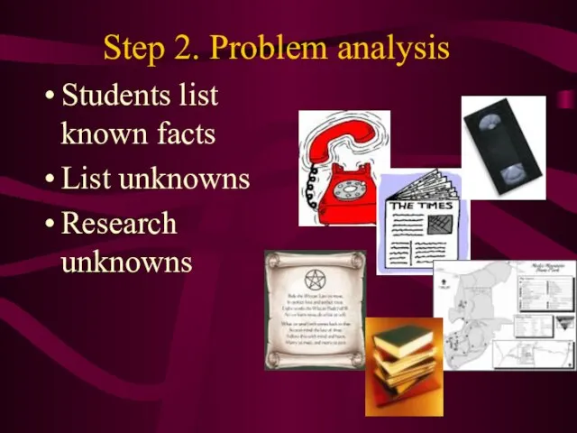 Step 2. Problem analysis Students list known facts List unknowns Research unknowns