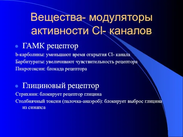 Вещества- модуляторы активности Cl- каналов ГАМК рецептор b-карболины: уменьшают время открытия Cl-