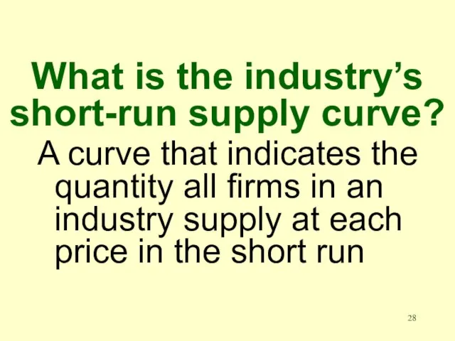 What is the industry’s short-run supply curve? A curve that indicates the