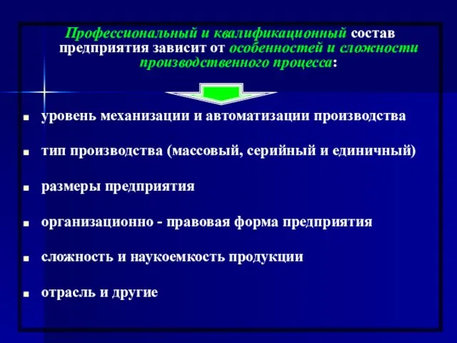 Профессиональный и квалификационный состав предприятия зависит от особенностей и сложности производственного процесса: