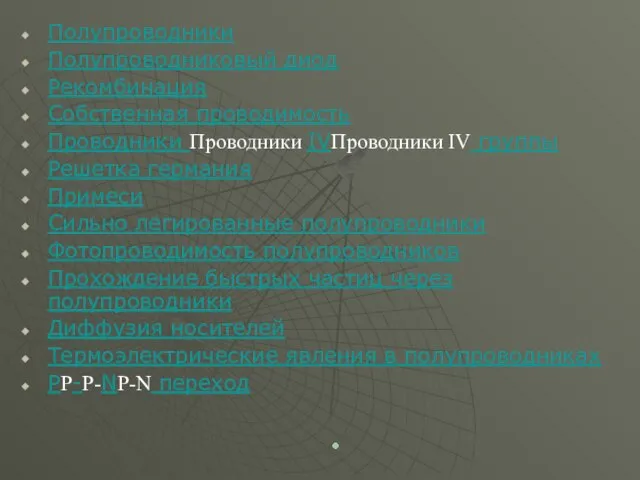 Полупроводники Полупроводниковый диод Рекомбинация Собственная проводимость Проводники Проводники IVПроводники IV группы Решетка