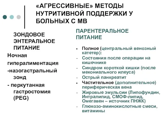 «АГРЕССИВНЫЕ» МЕТОДЫ НУТРИТИВНОЙ ПОДДЕРЖКИ У БОЛЬНЫХ С МВ ЗОНДОВОЕ ЭНТЕРАЛЬНОЕ ПИТАНИЕ Ночная