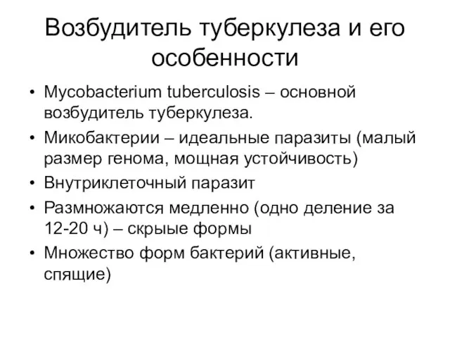 Возбудитель туберкулеза и его особенности Mycobacterium tuberculosis – основной возбудитель туберкулеза. Микобактерии