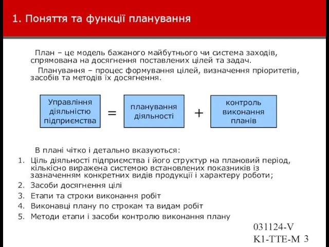 031124-VK1-TTE-Marketing 1. Поняття та функції планування План – це модель бажаного майбутнього