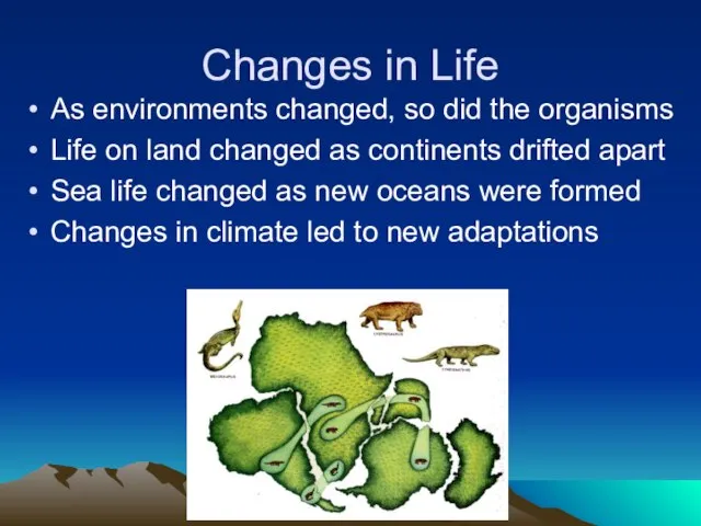 Changes in Life As environments changed, so did the organisms Life on