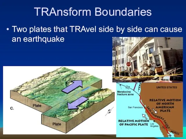 TRAnsform Boundaries Two plates that TRAvel side by side can cause an earthquake