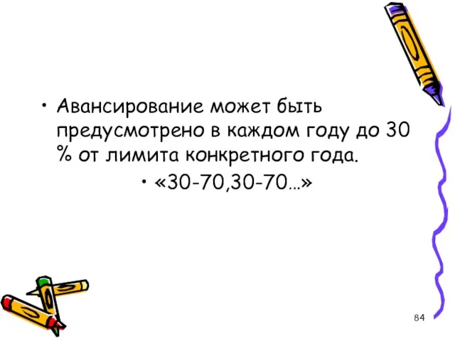 Авансирование может быть предусмотрено в каждом году до 30 % от лимита конкретного года. «30-70,30-70…»