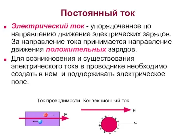 Постоянный ток Электрический ток - упорядоченное по направлению движение электрических зарядов. За