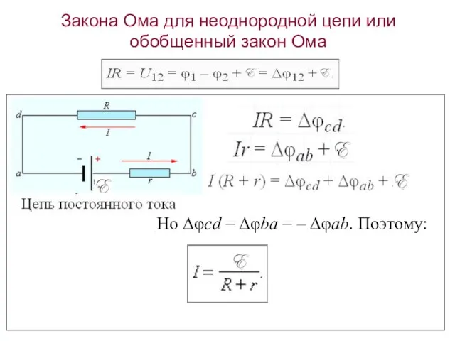 Но Δφcd = Δφba = – Δφab. Поэтому: Закона Ома для неоднородной