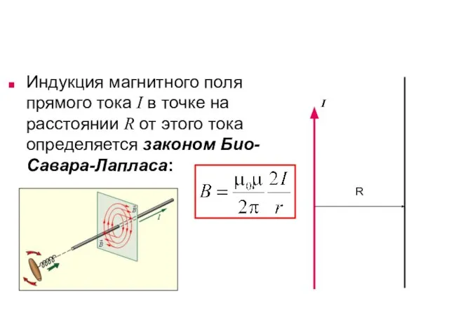 Индукция магнитного поля прямого тока I в точке на расстоянии R от