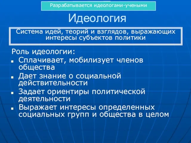 Идеология Роль идеологии: Сплачивает, мобилизует членов общества Дает знание о социальной действительности