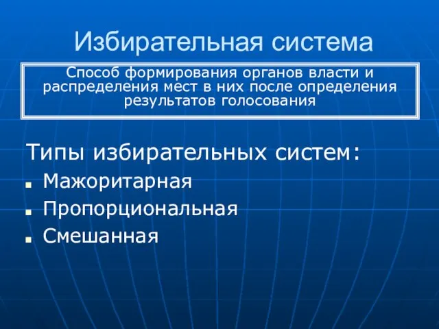 Избирательная система Типы избирательных систем: Мажоритарная Пропорциональная Смешанная Способ формирования органов власти