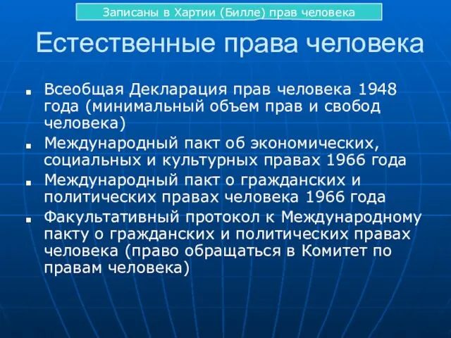 Естественные права человека Всеобщая Декларация прав человека 1948 года (минимальный объем прав