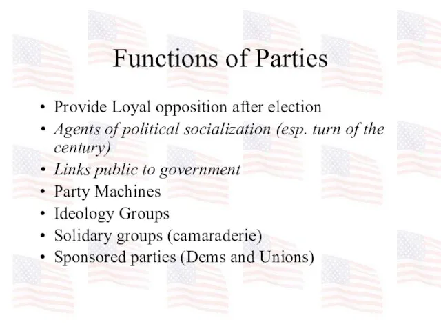 Functions of Parties Provide Loyal opposition after election Agents of political socialization