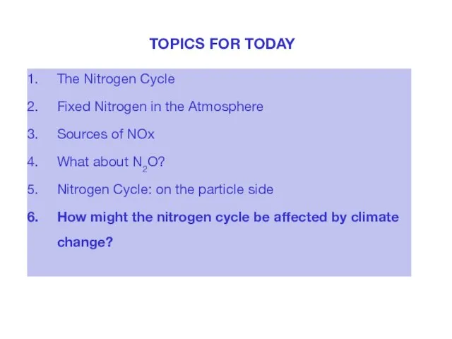 TOPICS FOR TODAY The Nitrogen Cycle Fixed Nitrogen in the Atmosphere Sources