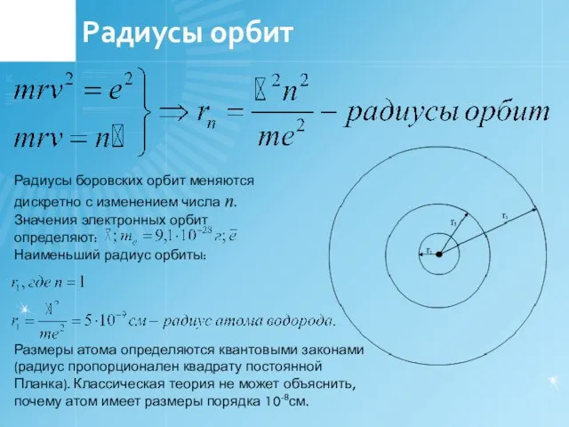 Радиусы орбит Радиусы боровских орбит меняются дискретно с изменением числа n. Значения