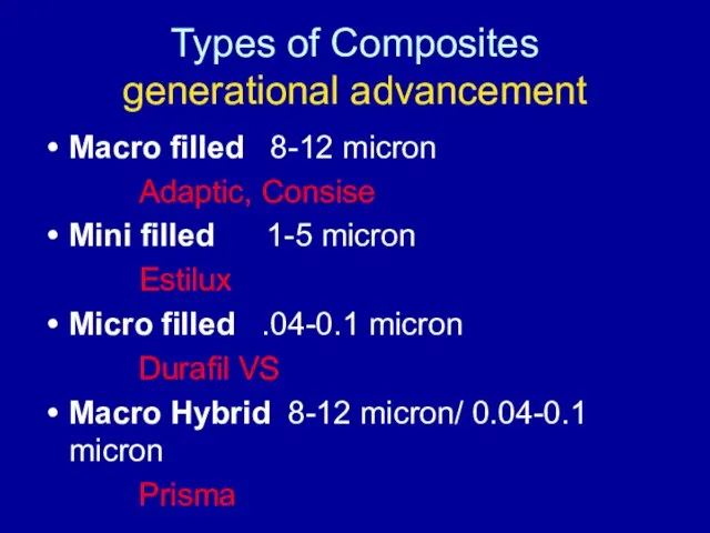 Types of Composites generational advancement Macro filled 8-12 micron Adaptic, Consise Mini