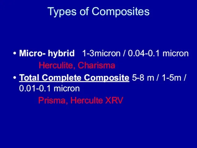 Types of Composites Micro- hybrid 1-3micron / 0.04-0.1 micron Herculite, Charisma Total