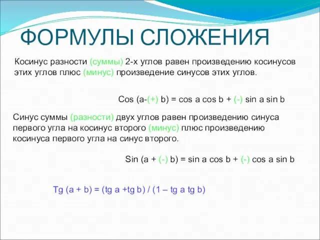 ФОРМУЛЫ СЛОЖЕНИЯ Косинус разности (суммы) 2-х углов равен произведению косинусов этих углов