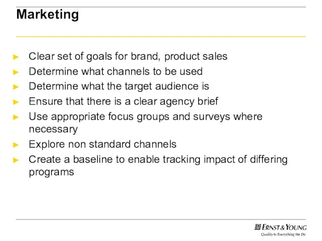 Marketing Clear set of goals for brand, product sales Determine what channels