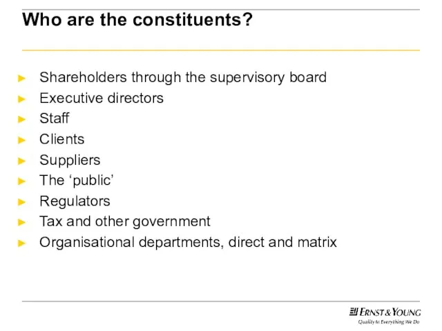 Who are the constituents? Shareholders through the supervisory board Executive directors Staff