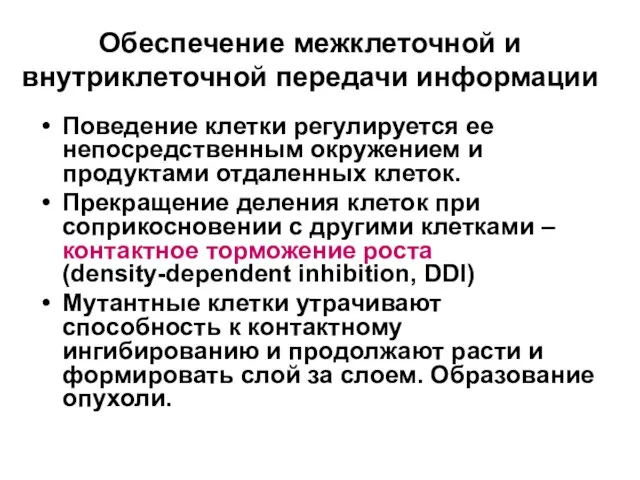 Обеспечение межклеточной и внутриклеточной передачи информации Поведение клетки регулируется ее непосредственным окружением