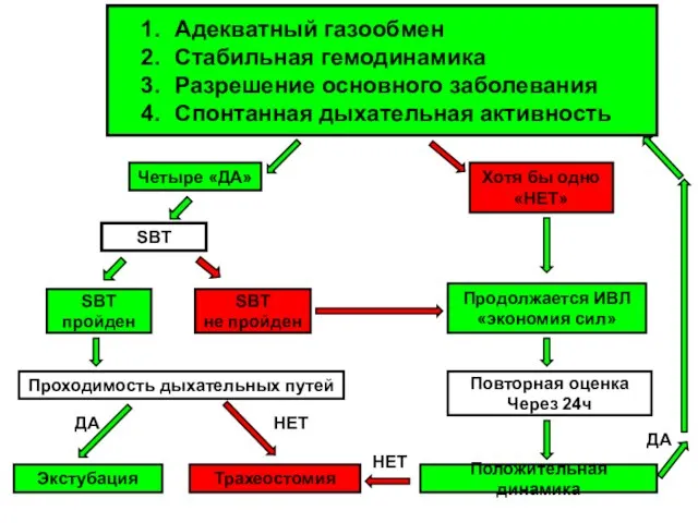 Адекватный газообмен Стабильная гемодинамика Разрешение основного заболевания Спонтанная дыхательная активность Четыре «ДА»