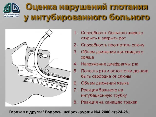 Оценка нарушений глотания у интубированного больного Cпособность больного широко открыть и закрыть